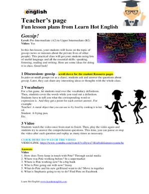 Fillable Online ESL Lesson Plans For Teachers Level: Pre-intermediate ...