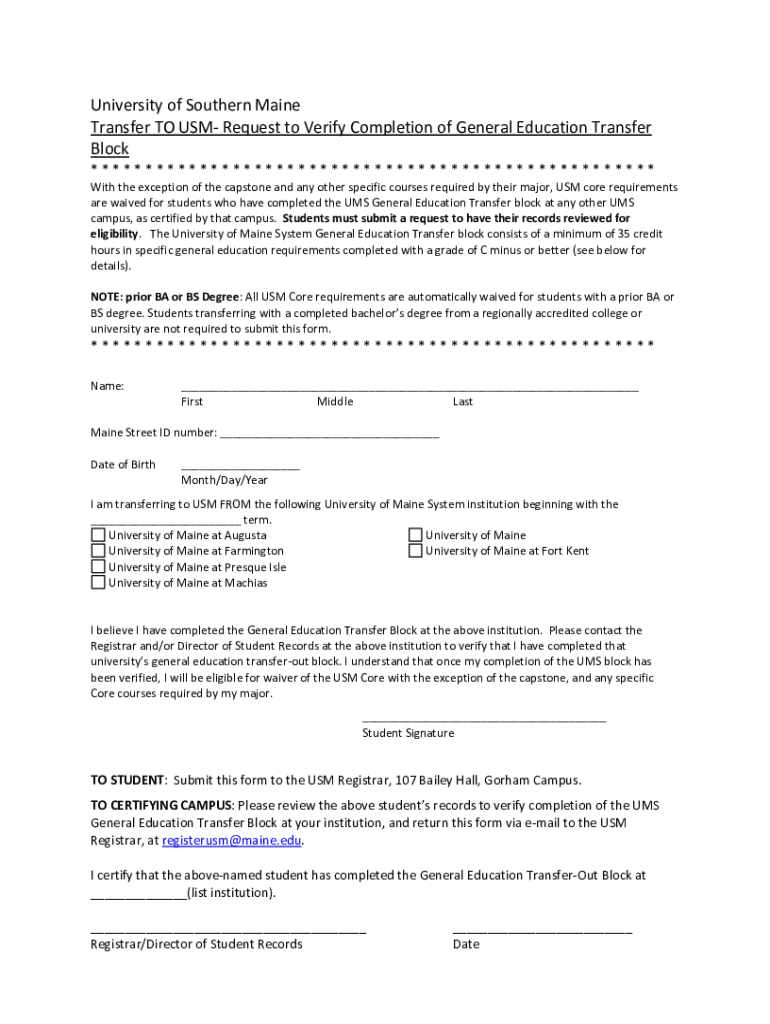 Fillable Online usm maine Transfer to USM Request to Verify