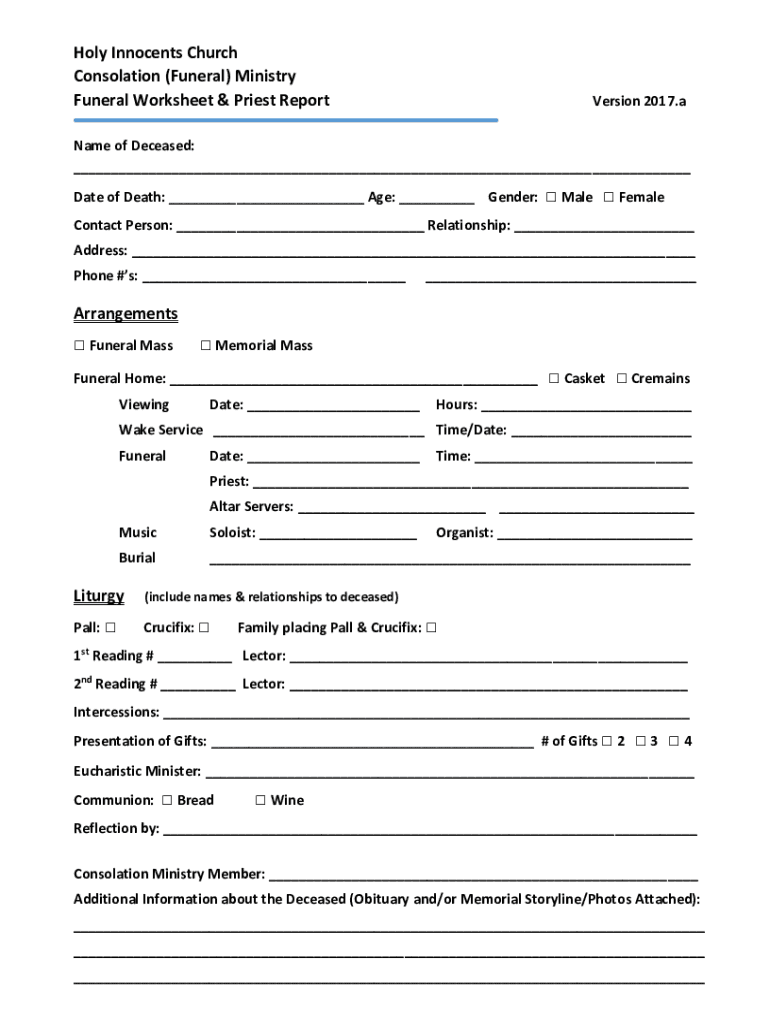 Fillable Online Funeral Worksheet / Priest Report Holy Innocents Fillable Online Funeral Worksheet / Priest Report Holy Innocents