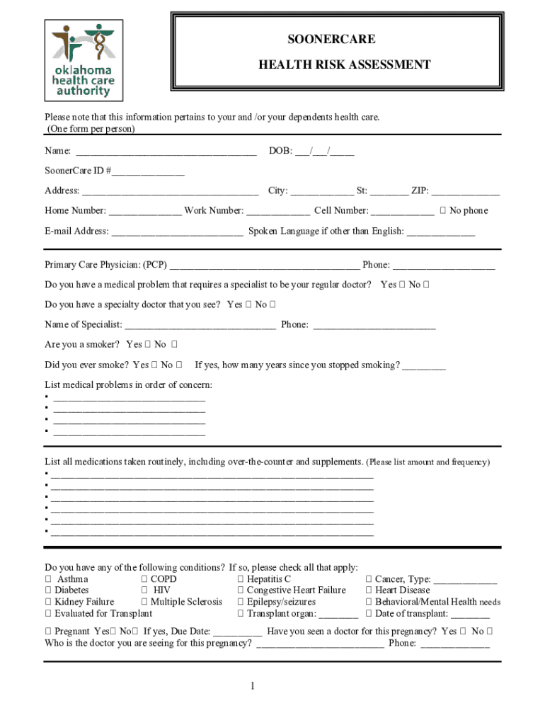 Fillable Online SOONERCARE HEALTH RISK ASSESSMENT Fax Email Print fillable-online-soonercare-health-risk-assessment-fax-email-print