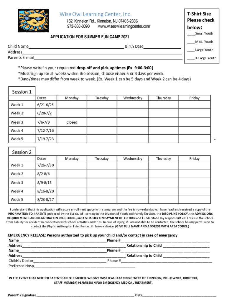 Fillable online wise owl learning center of kennelon inc fax email