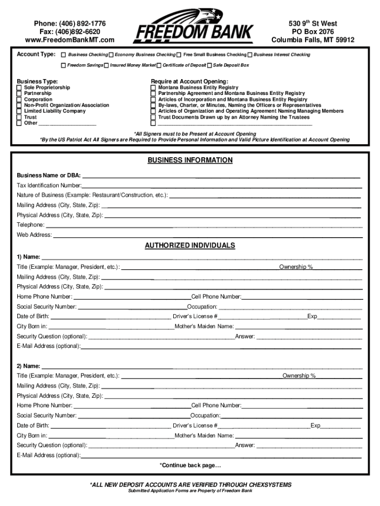 Fillable Online Freedom Bank Columbia Falls Flathead Valley Bank Fax