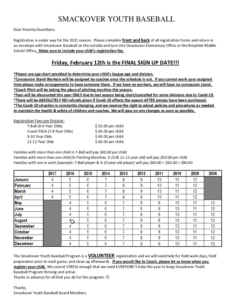 Fillable Online Smackover Youth Baseball Registration Form Fax Email