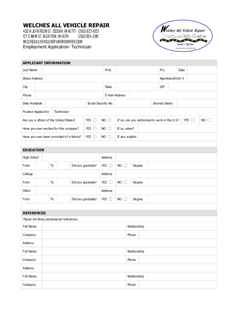 Fillable Online Welches All Vehicle Repair 403 N Jefferson St