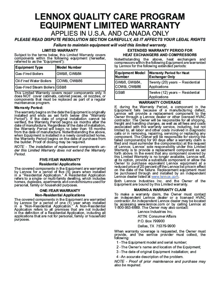 Fillable Online Fillable Online lennox quality care program equipment