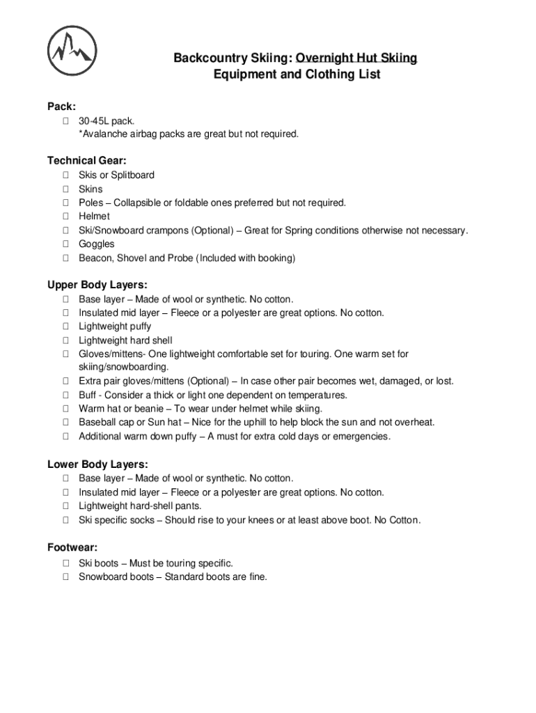 Fillable Online What's in Your Pack Backcountry Ski Packing List Fax Email Print pdfFiller