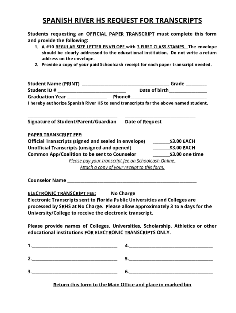 Fillable Online Spanish River Community High School Transcript Request