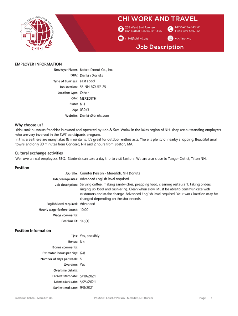 Fillable Online Shift Leader Job Opening in Meredith, NH at Dunkin