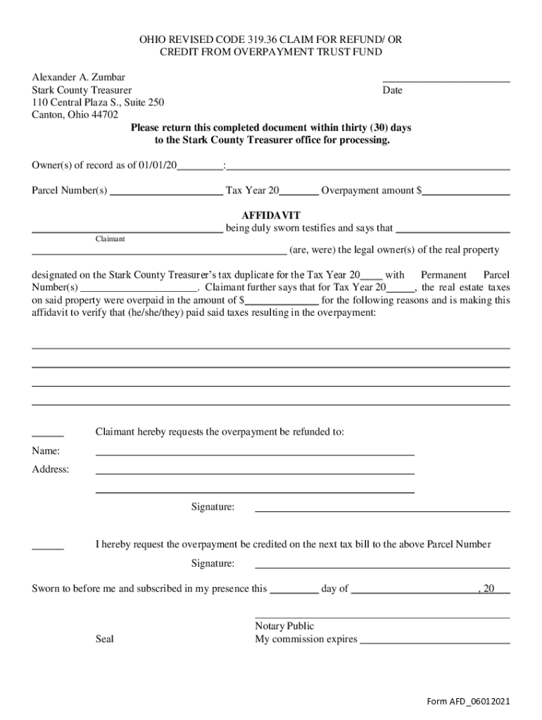 Fillable Online OHIO REVISED CODE 319.36 CLAIM FOR REFUND Fax Email