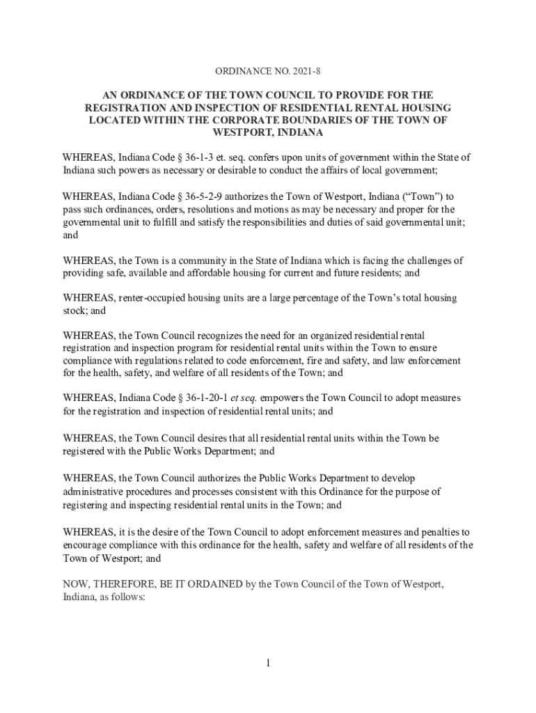 Fillable Online Town of Westport, Indiana Proposed Rental Ordinance