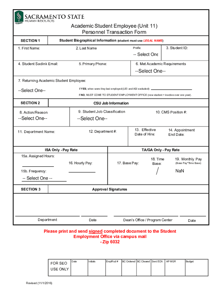 Fillable Online Academic Student Employment Transaction Request Form