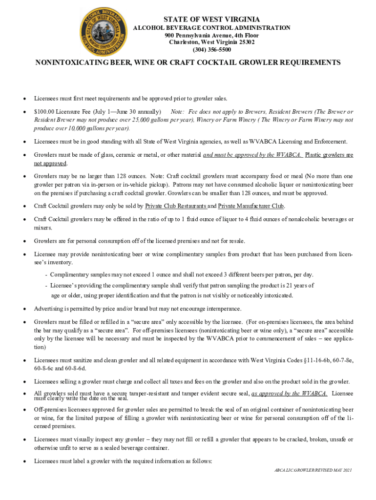 Fillable Online abca wv State of West Virginia Alcohol Beverage Control