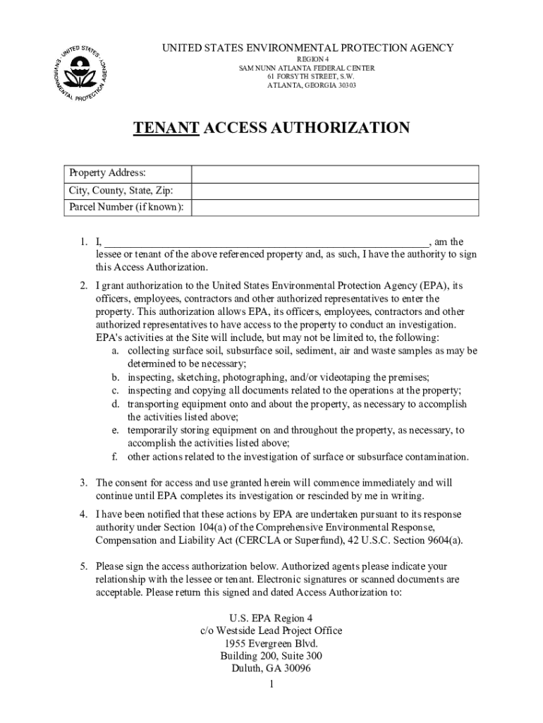 Fillable Online TENANT ACCESS AUTHORIZATION FORM.. Region ID Fax Email