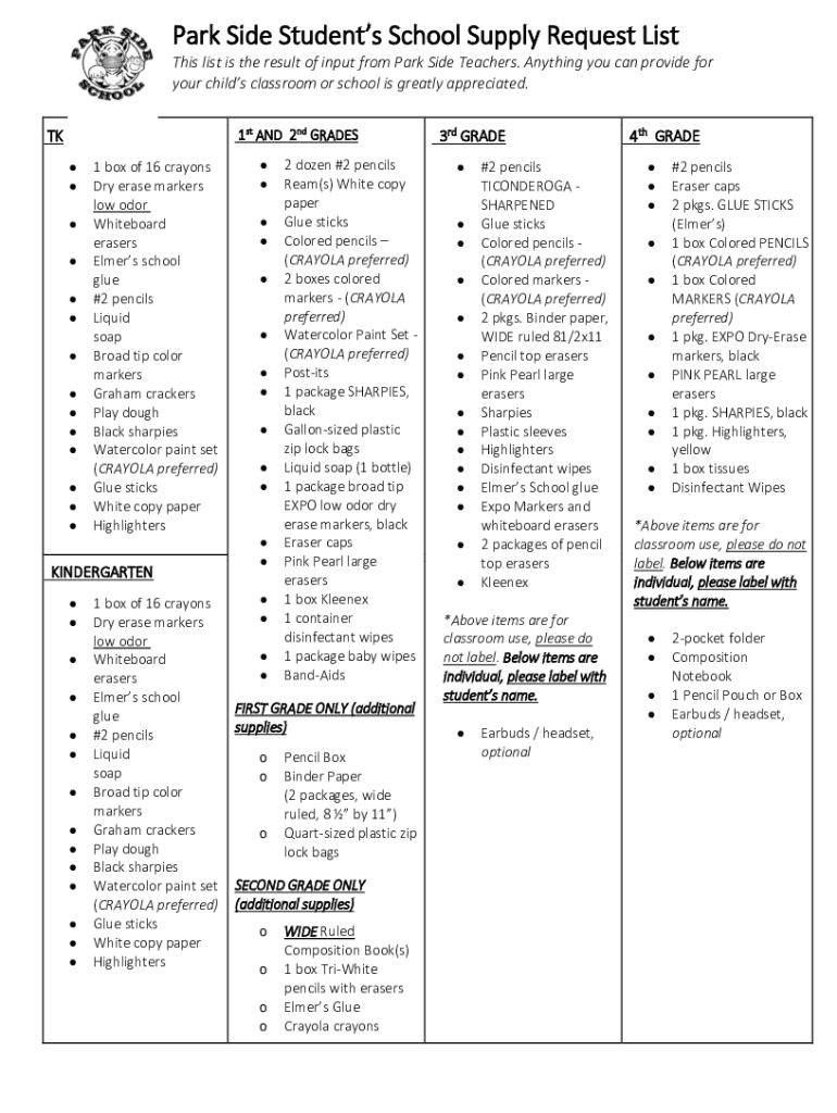 Fillable Online Park Side Student's School Supply Request List Fax