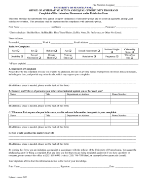 Fillable Online Complaint of Discrimination, Harrassment and/or ...