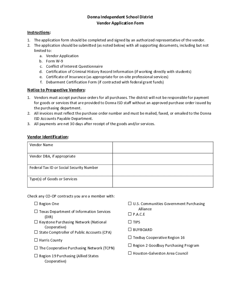 Fillable Online Donna Independent School District Vendor Application