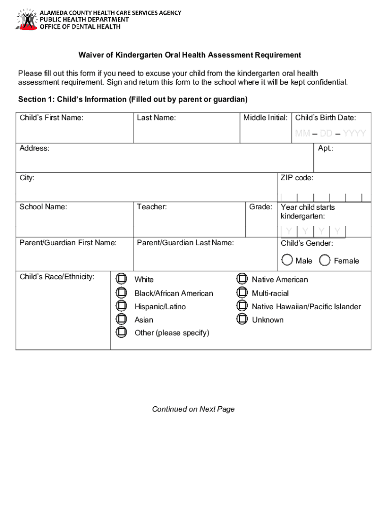 Fillable Online Oral Health Assessment Form Pleasant Valley School