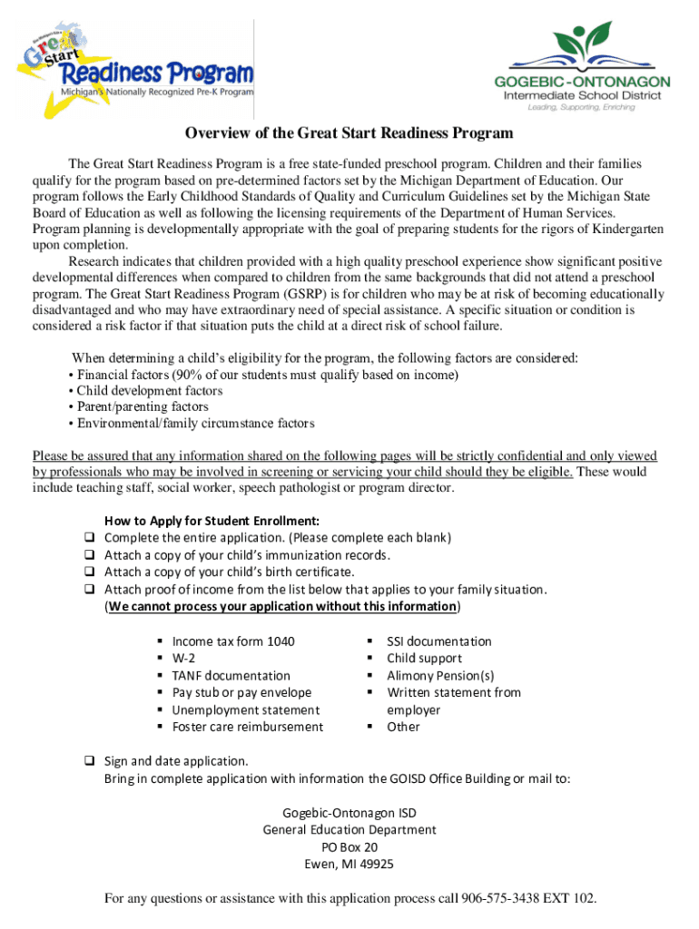 Fillable Online Great Start Readiness Program Early Childhood