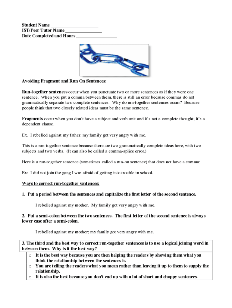 Fillable Online Parts of Speech, RunOn Sentences, Comma Splicing, and