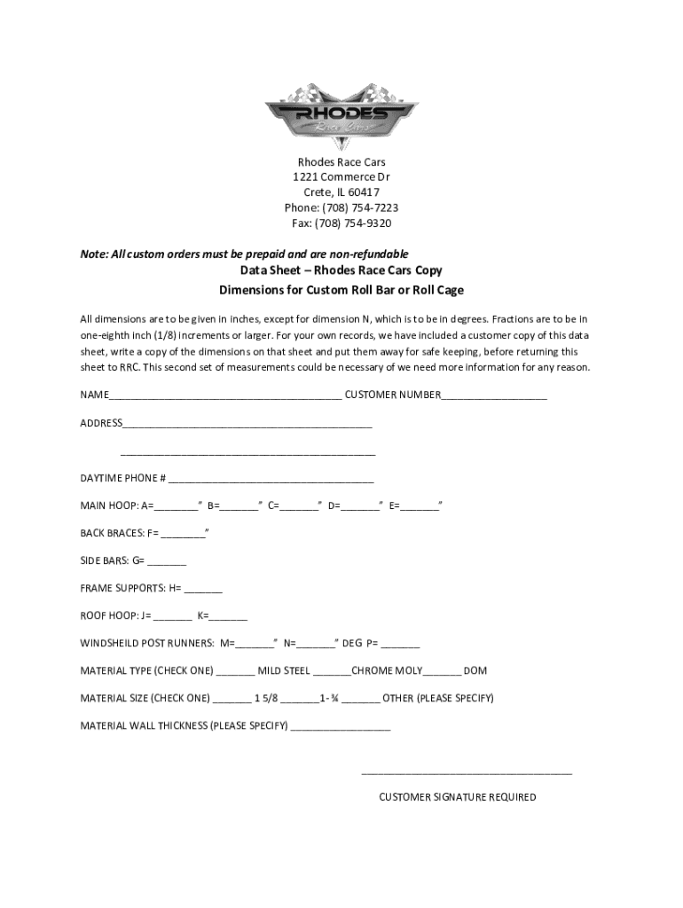 Fillable Online Rhodes Race Cars Copy Dimensions for Custom Roll Bar