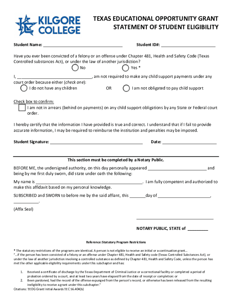 Fillable Online Texas Educational Opportunity Grant Statement of