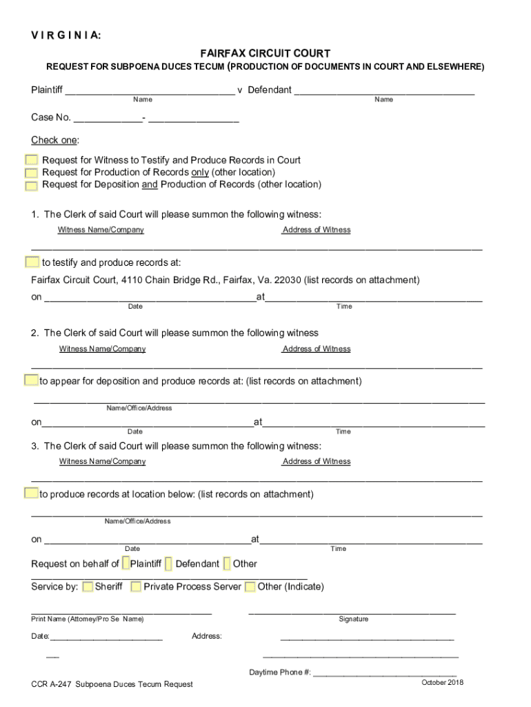 virginia subpoena duces tecum form Preview on Page 1