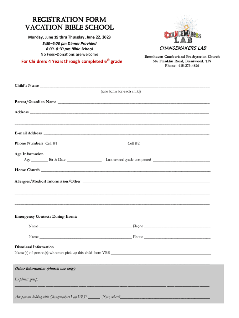 Fillable Online In-Person Vacation Bible School Registration Form ...