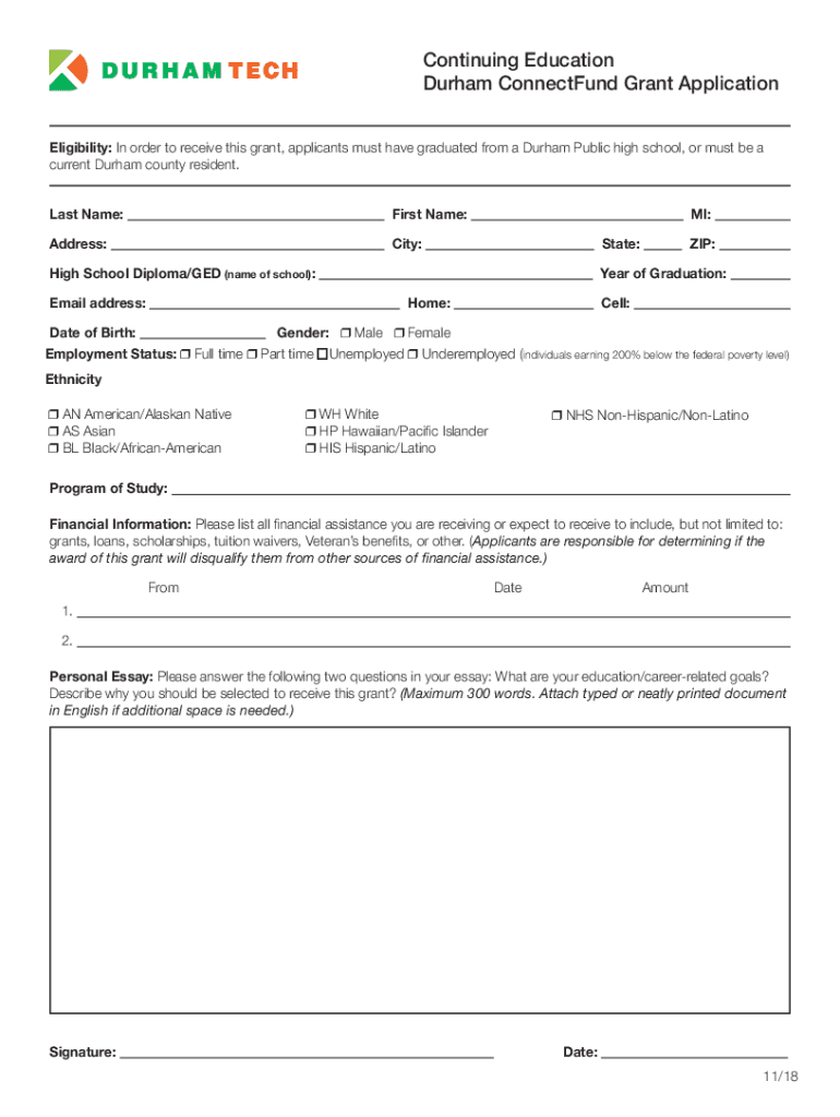Fillable Online Fillable Continuing Education Durham ConnectFund Grant
