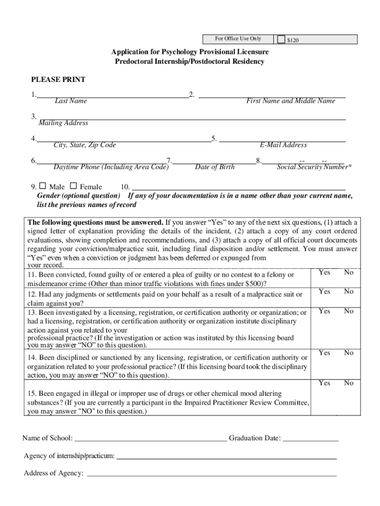 Fillable Online Application for Psychology Provisional Licensure Fax Email Print pdfFiller