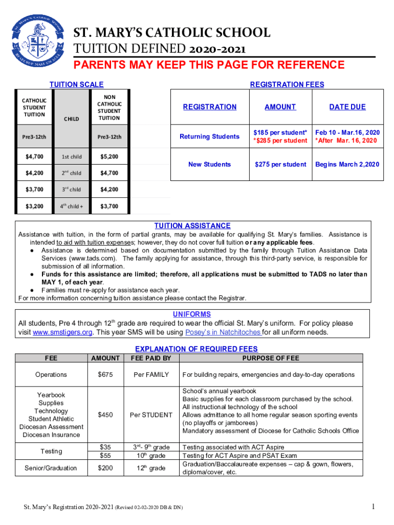 Fillable Online st. mary's catholic school tuition defined 2020-2021 ...