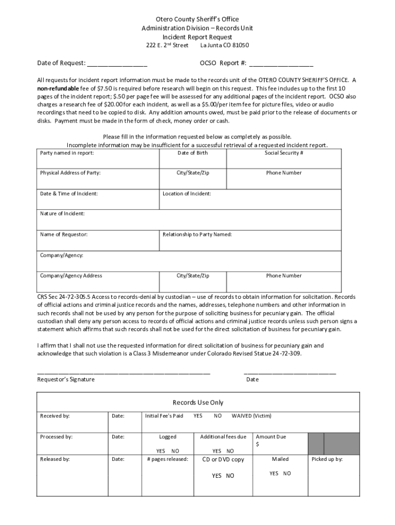 Fillable Online Otero County Jail, CO, Inmate Roster, Offender Search