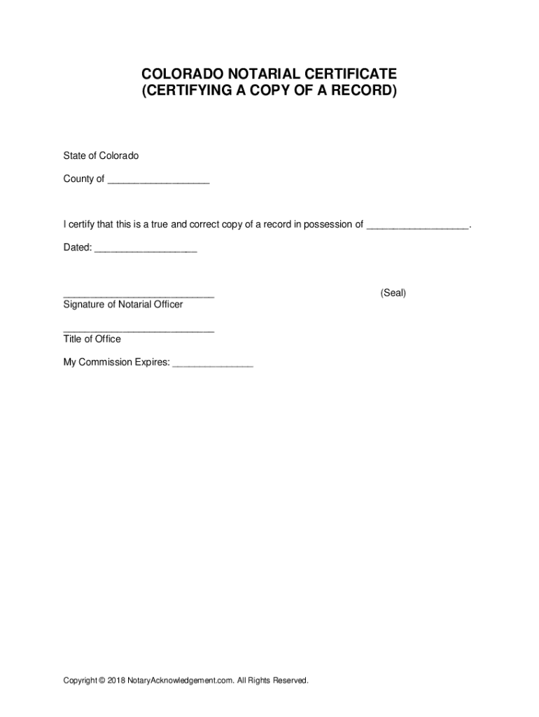 Fillable Online Colorado Notarial Certificate Certifying a Copy of a
