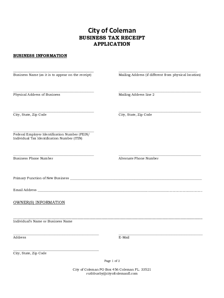 Fillable Online Business Tax Receipt Application/Certificate of Use Fax