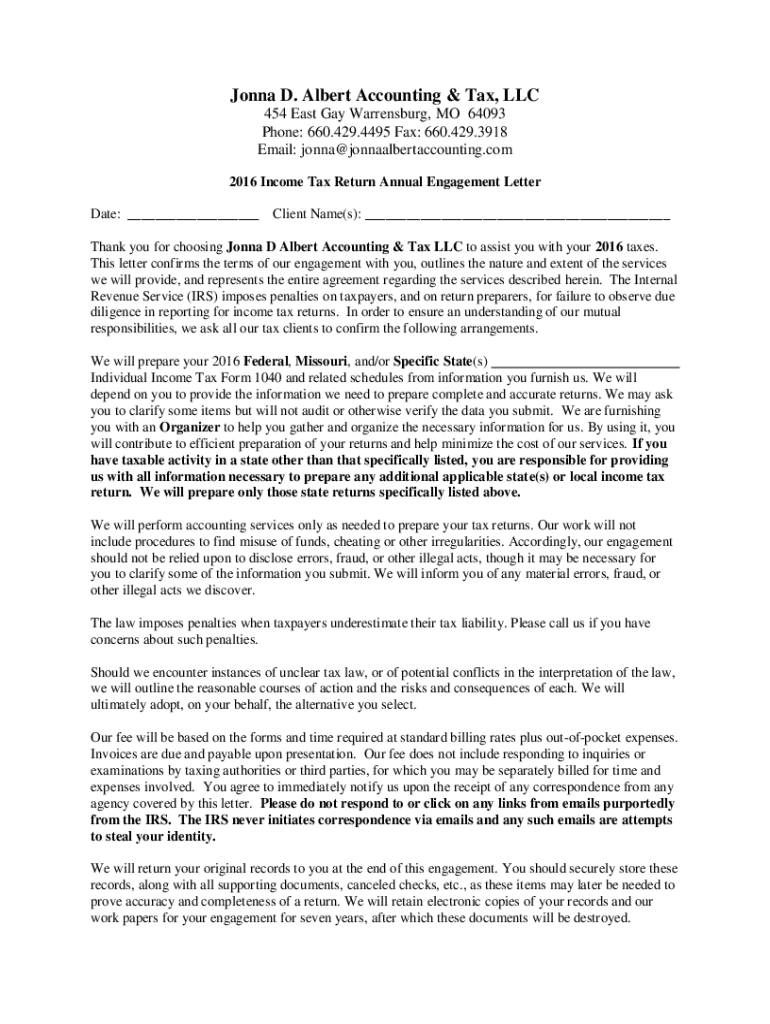 Fillable Online 2016 Income Tax Return Annual Engagement Letter Fax