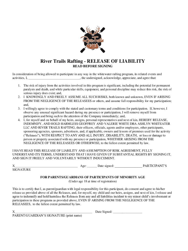 Fillable Online Water Rafting Release Of Liability, Waiver of Claims