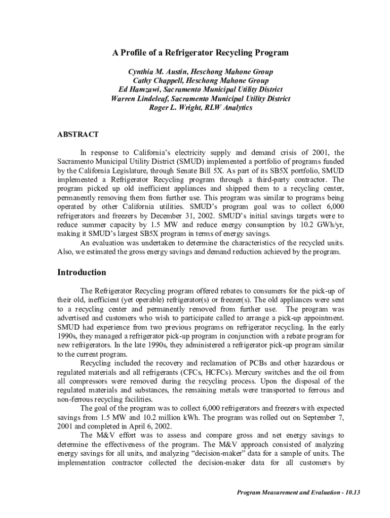 Fillable Online A Profile of a Refrigerator Recycling Program. Program
