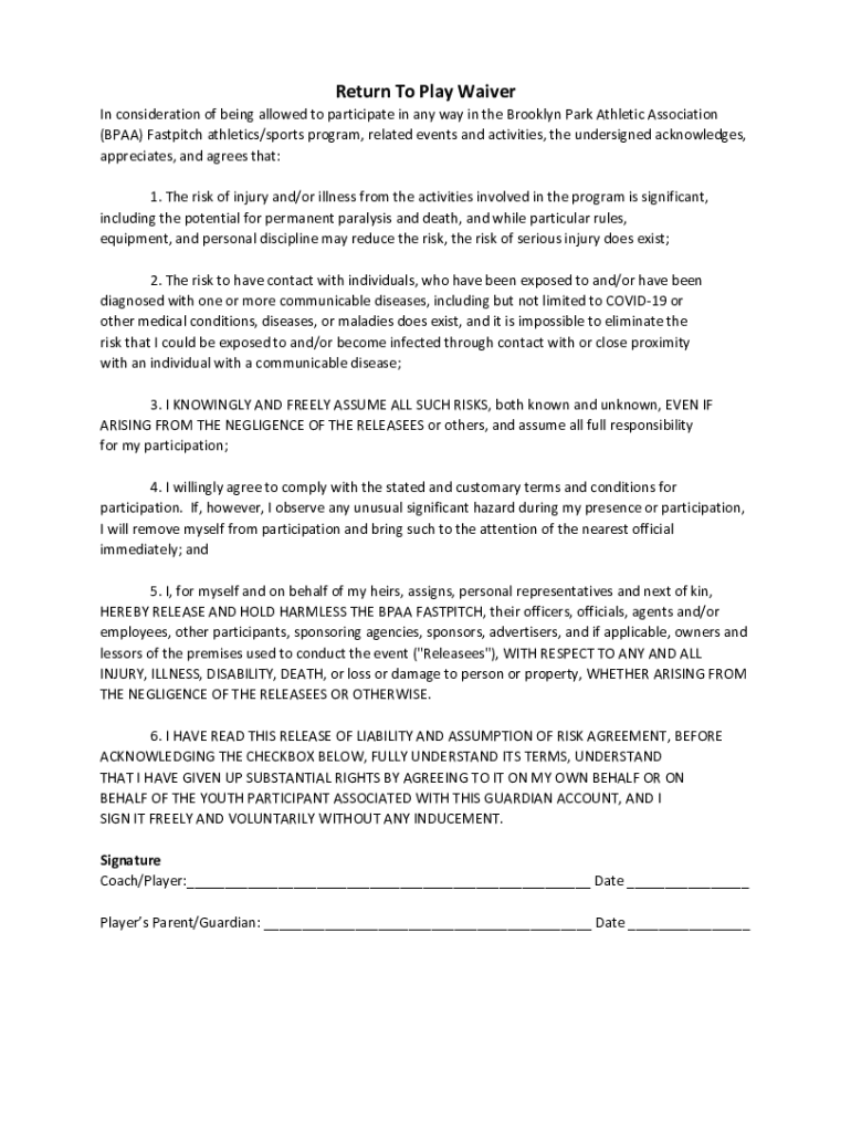 Fillable Online BPBA ReturnToPlayWaiver 2 .docx Return To Play Waiver