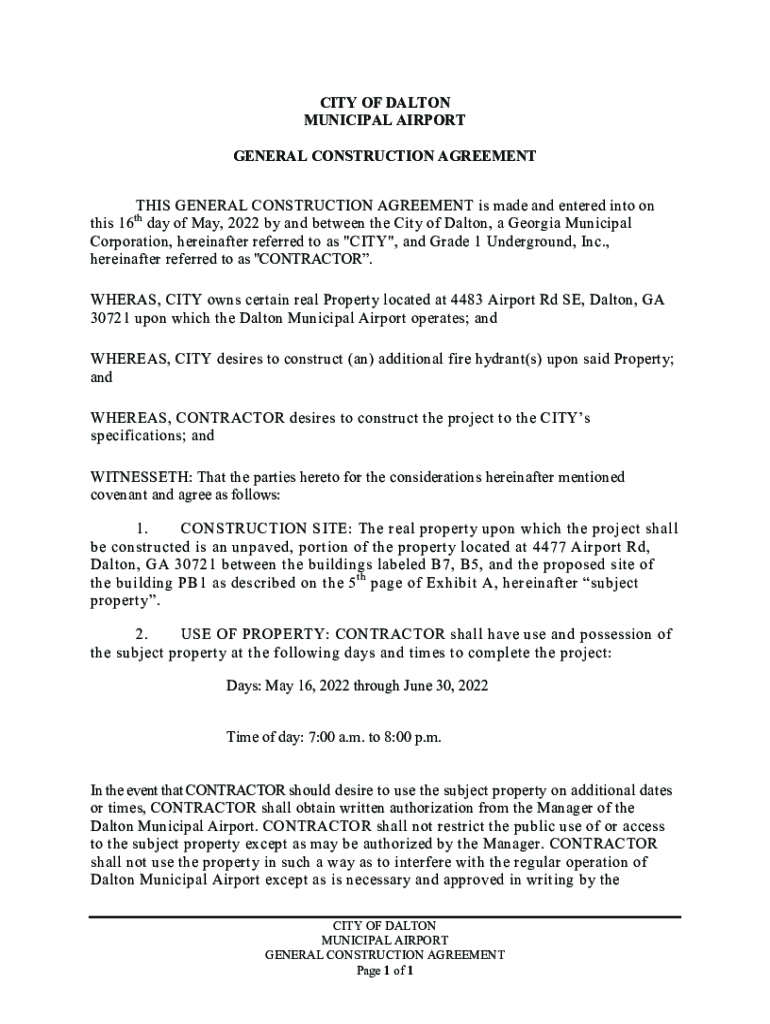 Fillable Online city of dalton city hall general construction agreement