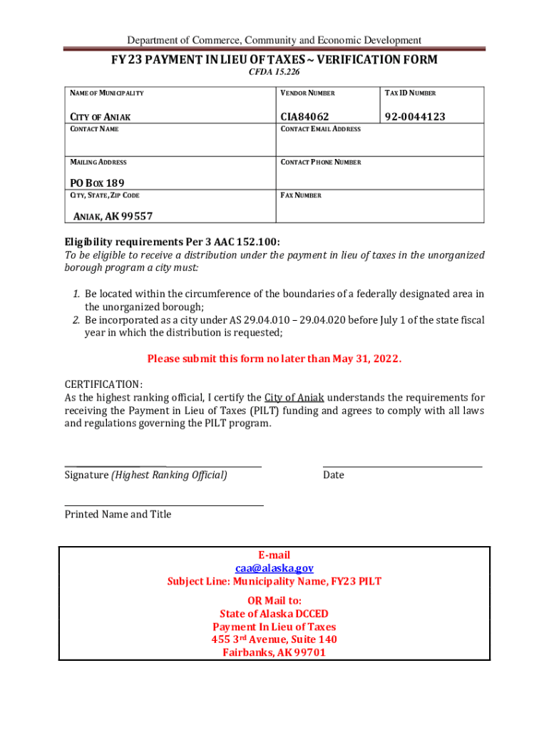 Fillable Online Payment in Lieu of Taxes U.S. Department of the