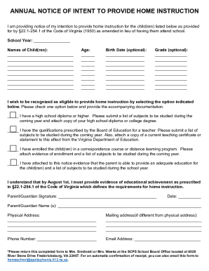 notice of intent to provide home instruction school year