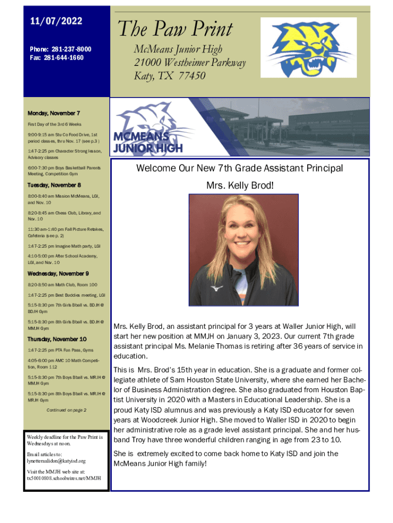 Fillable Online The Paw Print McMeans Junior High 21000 Westheimer