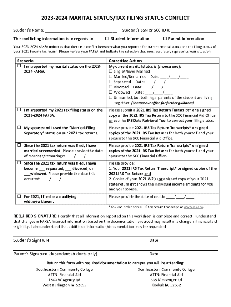 Fillable Online Conflicting Student MaritalTax Status Fax Email Print