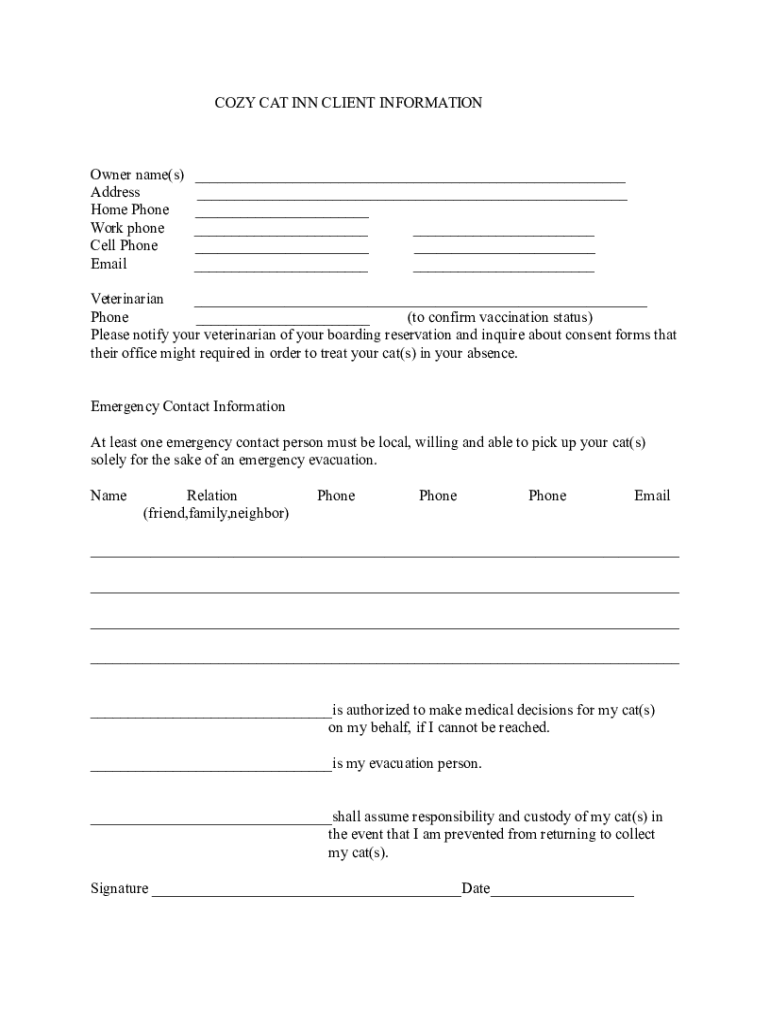 Fillable Online Feline Registration Form Bayshore Veterinary Clinic L