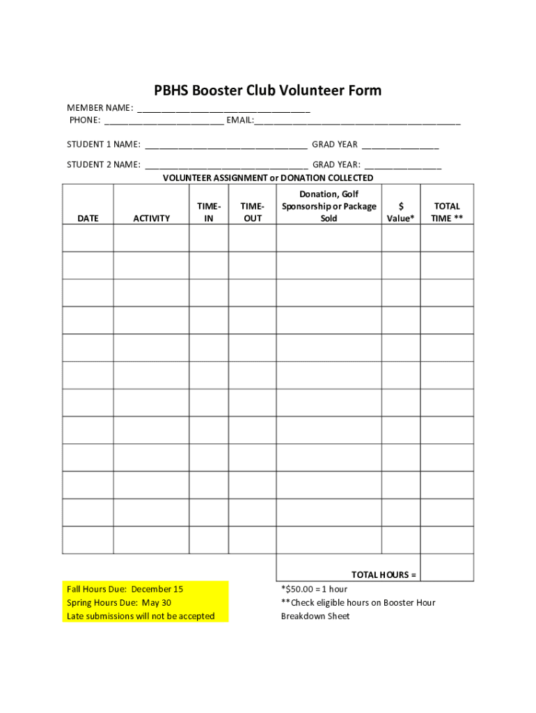 Fillable Online PBHS Booster Club Volunteer Form Fax Email Print