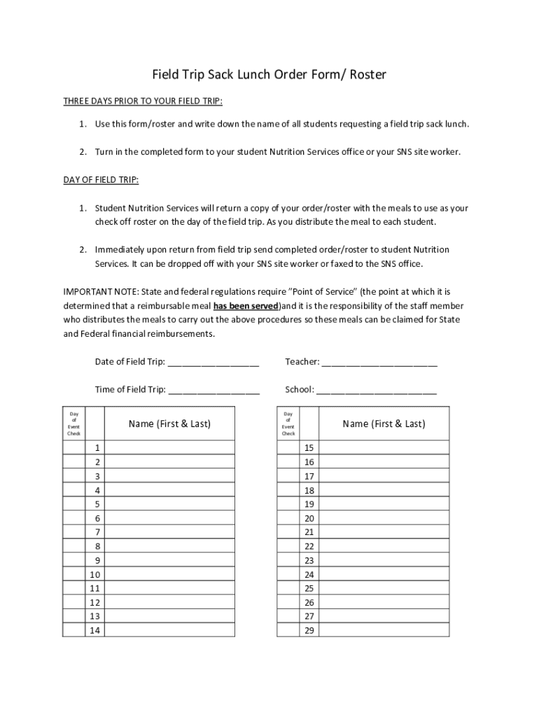 Fillable Online Field Trip Lunch RequestFood Service Fax Email Print ...