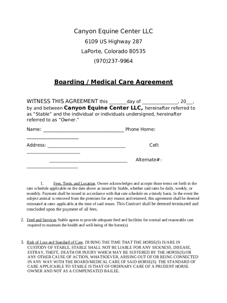 Boarding / Medical Care Agreement Doc Template pdfFiller