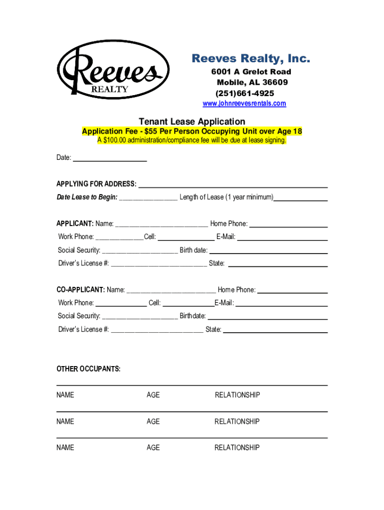 Fillable Online Reeves Rentals Mobile, AL Rentals and Property