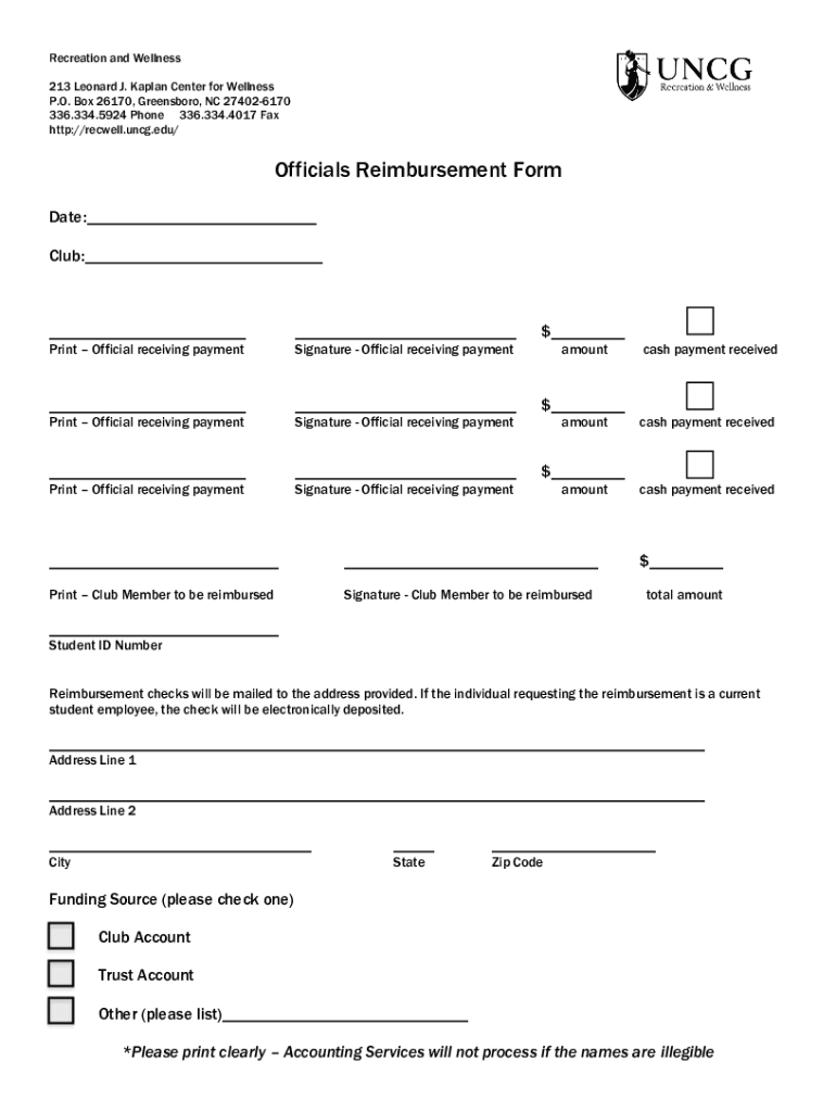 Fillable Online recwell uncg Officials Reimbursement Form Fax Email