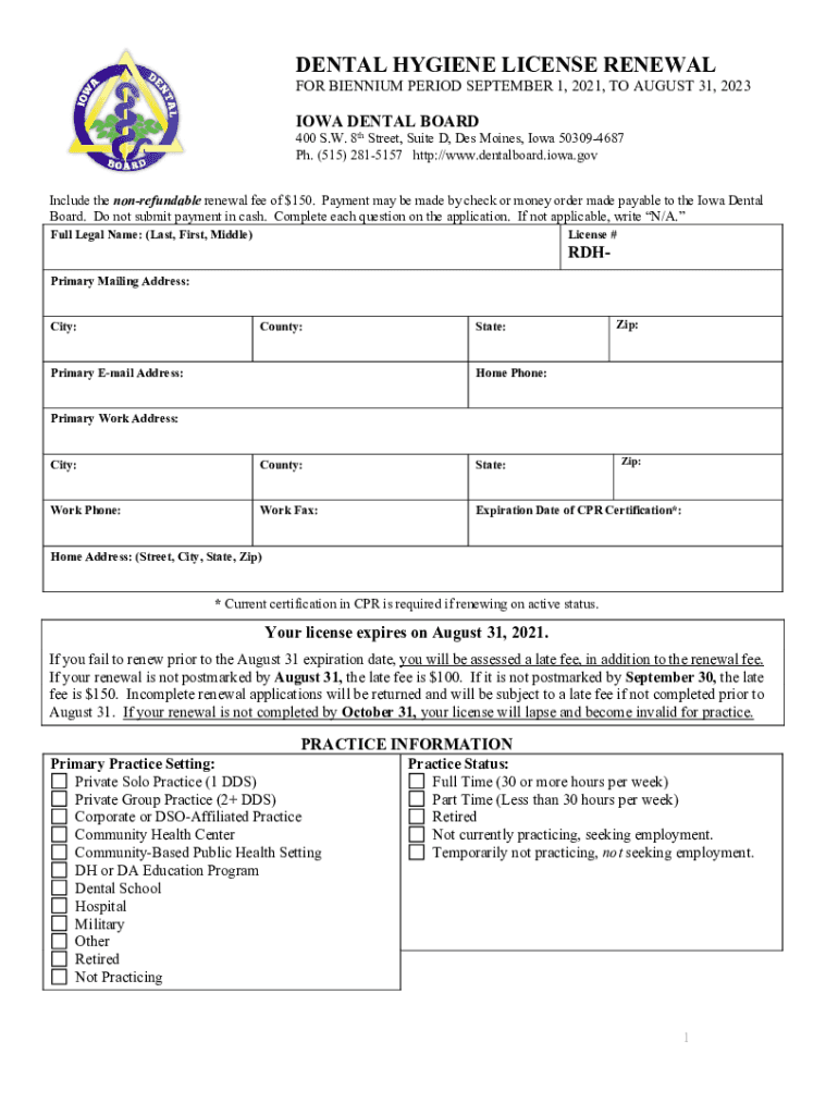 Fillable Online dentalboard iowa DENTAL HYGIENE LICENSE RENEWAL Iowa