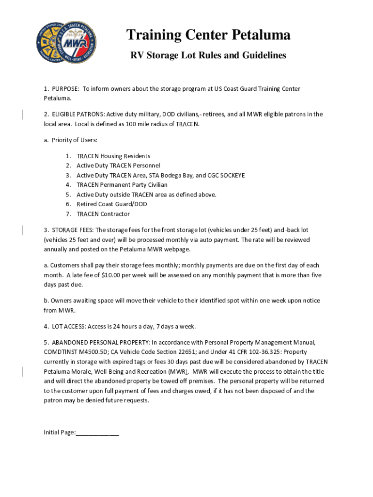 Fillable Online Training Center Petaluma RV Storage Lot Rules and Guidelines Fax Email Print